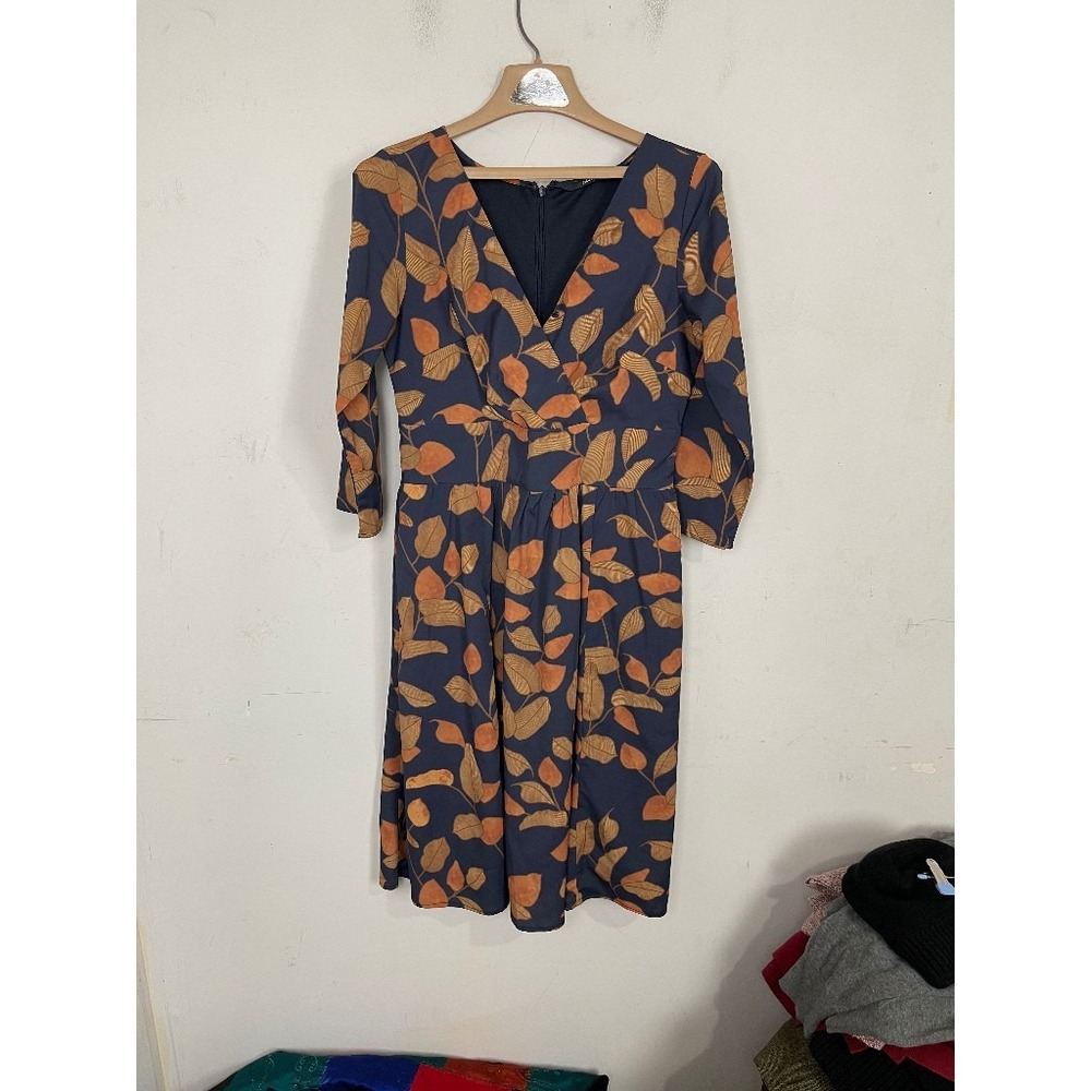 eShakti Womens Dress Medium 8 Blue Fall Leaf Print Autumn Country Casual Flare